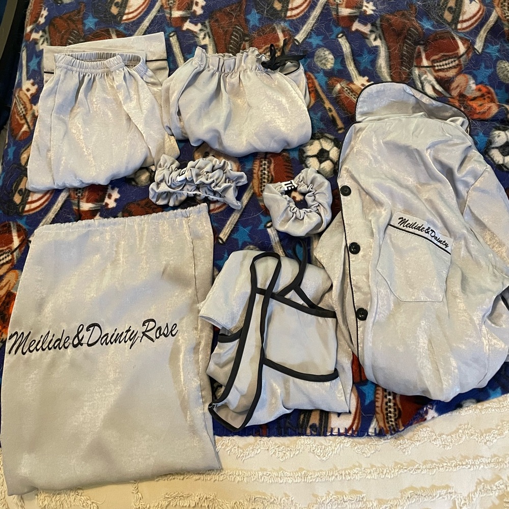 Shein M gray silk Pj set: pant,short,button up,tank, scrunchies,bag,& leg tie